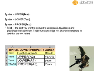 Syntax – UPPER(Text)
Syntax – LOWER(Text)
Syntax – PROPER(Text)
• Text – the text you want to convert to uppercase, lowercase and
propercase respectively. These functions does not change characters in
text that are not letters
 
