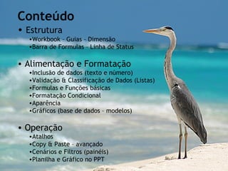 Conteúdo
• Estrutura
  •Workbook – Guias – Dimensão
  •Barra de Formulas – Linha de Status

• Alimentação e Formatação
  •Inclusão de dados (texto e número)
  •Validação & Classificação de Dados (Listas)
  •Formulas e Funções básicas
  •Formatação Condicional
  •Aparência
  •Gráficos (base de dados – modelos)

• Operação
  •Atalhos
  •Copy & Paste – avançado
  •Cenários e Filtros (painéis)
  •Planilha e Gráfico no PPT
                                                 www.gruporma.com.br
 