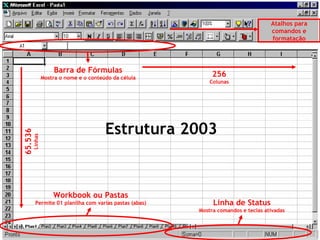 Atalhos para
                                                                                     comandos e
                                                                                     formatação




                       Barra de Fórmulas
                  Mostra o nome e o conteúdo da célula
                                                               256
                                                              Colunas




                                          Estrutura 2003
65.536
         Linhas




                      Workbook ou Pastas
           Permite 01 planilha com varias pastas (abas)        Linha de Status
                                                          Mostra comandos e teclas ativadas



                                                                        www.gruporma.com.br
 