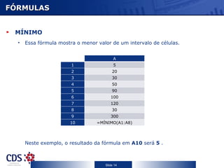 FÓRMULAS MÍNIMO Essa fórmula mostra o menor valor de um intervalo de células. Neste exemplo, o resultado da fórmula em  A10  será  5  . A 1 5 2 20 3 30 4 50 5 90 6 100 7 120 8 30 9 300 10 =MÍNIMO(A1:A8) 