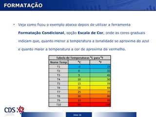 FORMATAÇÃO Veja como ficou o exemplo abaixo depois de utilizar a ferramenta  Formatação Condicional , opção  Escala de Cor ,   onde as cores graduais indicam que, quanto menor a temperatura a tonalidade se aproxima do azul e quanto maior a temperatura a cor de aproxima do vermelho. 