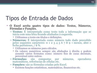 15

Tipos de Entrada de Dados
• O Excel aceita quatro tipos de dados: Textos, Números,
Fórmulas e Funções.
– Textos: É interpretado como texto toda a informação que se
inicia com uma letra ficando alinhados à esquerda.
• Utilizamos o texto em títulos e definições.

– Números: É interpretado como número todo dado precedido
pelos seguintes caracteres: 0 1 2 3 4 5 6 7 8 9 + menos, abre e
fecha parênteses, / $ %.

• Utilizamos os números para cálculos.
• Os valores numéricos sempre são alinhados à direita e podem
assumir vários formatos como: número fixo de casas decimais,
percentual entre outros.

– Fórmulas: são compostas por números,
matemáticos, referências de células etc.
– Funções: são as fórmulas criadas pelo Excel.

operadores

• Existem funções estatísticas, matemáticas, financeiras etc.

 