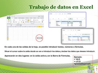 Trabajo de datos en Excel
En cada una de las celdas de la hoja, es posible introducir textos, números o fórmulas.
Situar el cursor sobre la celda donde se van a introducir los datos y teclear los datos que desees introducir.
Aparecerán en dos lugares: en la celda activa y en la Barra de Fórmulas,
Ejemplo:
= 18+5
= c3*21
=promedio(a1+a1)
 