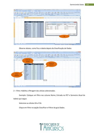103
Gerenciando Dados
Observe abaixo, como fica a tabela depois da Classificação de Dados
2 – Filtro: Habilita a filtragem das células selecionadas.
Exemplo: Coloque um filtro nas colunas Nome, Entrada no PET e Semestre Atual da
tabela que segue.
Selecione as células D4 a F16.
Clique em Filtro na opção Classificar e Filtrar da guia Dados.
Ok
Ordem de
entrada
Ordem de
semestre
Ordem
alfabética
 