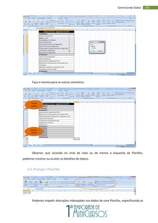 109
Gerenciando Dados
Faça o mesmo para os outros semestres.
Observe, que clicando no sinal de mais ou de menos à esquerda da Planilha,
podemos mostrar ou ocultar os detalhes do tópico.
6.5. Proteger Planilha
Podemos impedir alterações indesejadas nos dados de uma Planilha, especificando as
Ocultar
detalhe
Mostrar
detalhe
 