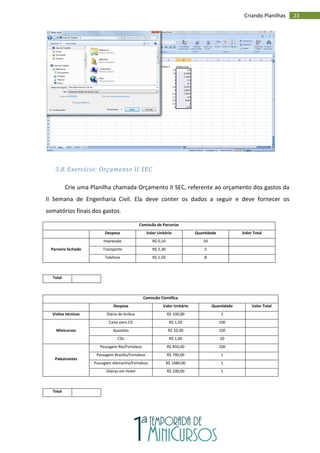 23
Criando Planilhas
3.8. Exercício: Orçamento II SEC
Crie uma Planilha chamada Orçamento II SEC, referente ao orçamento dos gastos da
II Semana de Engenharia Civil. Ela deve conter os dados a seguir e deve fornecer os
somatórios finais dos gastos.
Comissão de Parcerias
Despesa Valor Unitário Quantidade Valor Total
Parceiro fechado
Impressão R$ 0,10 20
Transporte R$ 2,30 5
Telefone R$ 1,50 8
Total
Comissão Científica
Despesa Valor Unitário Quantidade Valor Total
Visitas técnicas Diária de ônibus R$ 100,00 2
Minicursos
Caixa para CD R$ 1,50 100
Apostilas R$ 10,00 100
CDs R$ 1,00 20
Palestrantes
Passagem Rio/Fortaleza R$ 850,00 100
Passagem Brasília/Fortaleza R$ 790,00 1
Passagem Alemanha/Fortaleza R$ 1080,00 1
Diárias em Hotel R$ 100,00 1
Total
 
