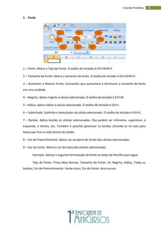 25
Criando Planilhas
1. Fonte
1 – Fonte: Altera o Tipo da Fonte. O atalho de teclado é Ctrl+Shift+F.
2 – Tamanho da Fonte: Altera o tamanho da fonte. O atalho de teclado é Ctrl+Shift+P.
3 – Aumentar e Reduzir Fonte: Comandos que aumentam e diminuem o tamanho da fonte
em uma unidade.
4 – Negrito: Aplica negrito à célula selecionada. O atalho de teclado é Ctrl+N.
5 – Itálico: Aplica itálico à célula selecionada. O atalho de teclado é Ctrl+I.
6 – Sublinhado: Sublinha o texto/valor da célula selecionada. O atalho de teclado é Ctrl+S.
7 – Bordas: Aplica bordas às células selecionadas. Elas podem ser inferiores, superiores, à
esquerda, à direita, etc. Também é possível gerenciar as bordas clicando-se na seta para
baixo que fica no lado direito do botão.
8 – Cor de Preenchimento: Aplica cor ao plano de fundo das células selecionadas.
9 – Cor da Fonte. Altera a cor do texto das células selecionadas.
Exemplo: Aplicar a seguinte formatação de fonte ao texto da Planilha que segue.
Tipo da Fonte: Times New Roman, Tamanho da Fonte: 14, Negrito, Itálico, Todas as
bordas, Cor de Preenchimento: Verde-claro, Cor da Fonte: Azul-escuro.
1 2
4
5 6
3
7
8
9
 
