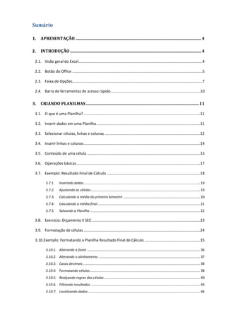Sumário
1. APRESENTAÇÃO ........................................................................................................................4
2. INTRODUÇÃO .............................................................................................................................4
2.1. Visão geral do Excel......................................................................................................................4
2.2. Botão do Office ............................................................................................................................5
2.3. Faixa de Opções............................................................................................................................7
2.4. Barra de ferramentas de acesso rápido.....................................................................................10
3. CRIANDO PLANILHAS............................................................................................................11
3.1. O que é uma Planilha? ...............................................................................................................11
3.2. Inserir dados em uma Planilha...................................................................................................11
3.3. Selecionar células, linhas e colunas ...........................................................................................12
3.4. Inserir linhas e colunas...............................................................................................................14
3.5. Conteúdo de uma célula ............................................................................................................15
3.6. Operações básicas......................................................................................................................17
3.7. Exemplo: Resultado Final de Cálculo .........................................................................................18
3.7.1. Inserindo dados ......................................................................................................................... 19
3.7.2. Ajustando as células.................................................................................................................. 19
3.7.3. Calculando a média do primeiro bimestre ................................................................................ 20
3.7.4. Calculando a média final........................................................................................................... 21
3.7.5. Salvando a Planilha ................................................................................................................... 22
3.8. Exercício: Orçamento II SEC .......................................................................................................23
3.9. Formatação de células ...............................................................................................................24
3.10.Exemplo: Formatando a Planilha Resultado Final de Cálculo .....................................................35
3.10.1. Alterando a fonte ...................................................................................................................... 36
3.10.2. Alterando o alinhamento .......................................................................................................... 37
3.10.3. Casas decimais .......................................................................................................................... 38
3.10.4. Formatando células................................................................................................................... 38
3.10.5. Realçando regras das células .................................................................................................... 40
3.10.6. Filtrando resultados .................................................................................................................. 43
3.10.7. Localizando dados..................................................................................................................... 44
 