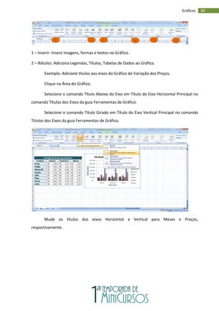 89
Gráficos
1 – Inserir: Insere imagens, formas e textos no Gráfico.
2 – Rótulos: Adiciona Legendas, Títulos, Tabelas de Dados ao Gráfico.
Exemplo: Adicione títulos aos eixos do Gráfico de Variação dos Preços.
Clique na Área do Gráfico.
Selecione o comando Título Abaixo do Eixo em Título do Eixo Horizontal Principal no
comando Títulos dos Eixos da guia Ferramentas de Gráfico.
Selecione o comando Título Girado em Título do Eixo Vertical Principal no comando
Títulos dos Eixos da guia Ferramentas de Gráfico.
Mude os títulos dos eixos Horizontal e Vertical para Meses e Preços,
respectivamente.
1 2 3 4 5 6
 