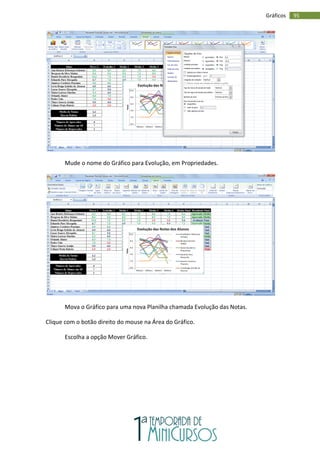 95
Gráficos
Mude o nome do Gráfico para Evolução, em Propriedades.
Mova o Gráfico para uma nova Planilha chamada Evolução das Notas.
Clique com o botão direito do mouse na Área do Gráfico.
Escolha a opção Mover Gráfico.
 