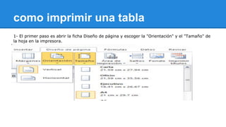 como imprimir una tabla 
1- El primer paso es abrir la ficha Diseño de página y escoger la "Orientación" y el "Tamaño" de 
la hoja en la impresora. 
 