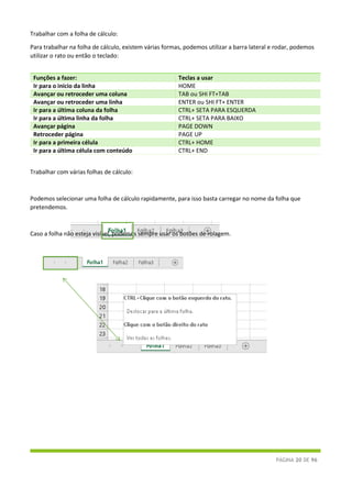 PÁGINA 20 DE 96
Trabalhar com a folha de cálculo:
Para trabalhar na folha de cálculo, existem várias formas, podemos utilizar a barra lateral e rodar, podemos
utilizar o rato ou então o teclado:
Funções a fazer: Teclas a usar
Ir para o início da linha HOME
Avançar ou retroceder uma coluna TAB ou SHI FT+TAB
Avançar ou retroceder uma linha ENTER ou SHI FT+ ENTER
Ir para a última coluna da folha CTRL+ SETA PARA ESQUERDA
Ir para a última linha da folha CTRL+ SETA PARA BAIXO
Avançar página PAGE DOWN
Retroceder página PAGE UP
Ir para a primeira célula CTRL+ HOME
Ir para a última célula com conteúdo CTRL+ END
Trabalhar com várias folhas de cálculo:
Podemos selecionar uma folha de cálculo rapidamente, para isso basta carregar no nome da folha que
pretendemos.
Caso a folha não esteja visível, podemos sempre usar os botões de rolagem.
 