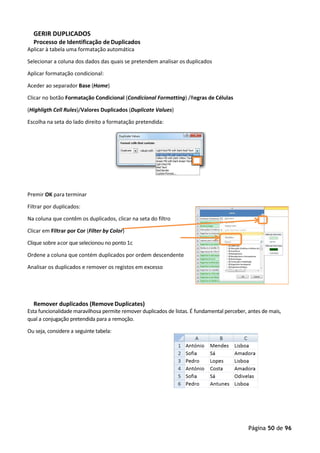 Página 50 de 96
GERIR DUPLICADOS
Processo de Identificação de Duplicados
Aplicar à tabela uma formatação automática
Selecionar a coluna dos dados das quais se pretendem analisar os duplicados
Aplicar formatação condicional:
Aceder ao separador Base (Home)
Clicar no botão Formatação Condicional (Condicional Formatting) /Regras de Células
(Highligth Cell Rules)/Valores Duplicados (Duplicate Values)
Escolha na seta do lado direito a formatação pretendida:
Premir OK para terminar
Filtrar por duplicados:
Na coluna que contêm os duplicados, clicar na seta do filtro
Clicar em Filtrar por Cor (Filter by Color)
Clique sobre acor que selecionou no ponto 1c
Ordene a coluna que contém duplicados por ordem descendente
Analisar os duplicados e remover os registos em excesso
Remover duplicados (Remove Duplicates)
Esta funcionalidade maravilhosa permite remover duplicados de listas. É fundamental perceber, antes de mais,
qual a conjugação pretendida para a remoção.
Ou seja, considere a seguinte tabela:
 