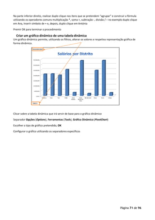 Página 71 de 96
Na parte inferior direito, realizar duplo clique nos itens que se pretendem “agrupar” e construir a fórmula
utilizando os operadores comuns multiplicação *, soma +, subtração -, divisão / – no exemplo duplo clique
em Ana, inserir símbolo de + e, depois, duplo clique em Antónia
Premir OK para terminar o procedimento
Criar um gráfico dinâmico de uma tabela dinâmica
Um gráfico dinâmico permite, utilizando os filtros, alterar os valores e respetiva representação gráfica de
forma dinâmica.
Clicar sobre a tabela dinâmica que irá servir de base para o gráfico dinâmico
Separador Opções (Options), Ferramentas (Tools), Gráfico Dinâmico (PivotChart)
Escolher o tipo de gráfico pretendido, OK
Configurar o gráfico utilizando os separadores específicos
 