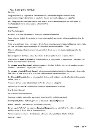 Página 77 de 96
Passo 6: criar gráfico individual
Conceito
Um gráfico individual é aquele que, uma vez alterada a célula criada no ponto anterior, muda
automaticamente para demonstrar os resultados daquele comercial, produto, mês específico.
Para este gráfico ser criado é necessário, antes de mais, criar-se a tabela de apoio que dará apenas os
resultados do elemento selecionado na célula interativa.
Procedimento
Criar Tabela de Apoio:
Na coluna A, localizar a quarta célula branca por baixo da última escrita
Nessa colocar o símbolo de = e, posteriormente, clicar na célula que contém a lista deopção interativa, da
coluna B
Andar uma célula para cima e outra para a direita. Nessa célula (que estará na coluna B) colocar o símbolo de
= e clicar em cima do primeiro cabeçalho da coluna B da tabela dinâmica (B4) + Enter
Clicar na célula do ponto anterior e arrastar para o lado direito até ao fim das colunas do cabeçalho da
dinâmica
Colocar o ponteiro do rato na coluna B, por baixo do 1º cabeçalho inserido no pontoanterior
Inserir a função SOMA.SE.S (SUMIFS), clicando no botão fx, selecionando a categoriatoda, clicando no S do
teclado e clicando em cima da função
No Intervalo_soma (Sum Range), selecionar os valores da tabela dinâmica correspondentes à mesma letra
onde está a ser inserida a função (neste caso B)
No Intervalo_critérios1 (Criteria_Range1) selecionar os dados da tabela dinâmica da coluna A e de seguida
fixar com o F4 para, quando se arrastar para o lado esquerdo, manter-se a coluna fixa
Em Critérios1 (Criteria1), clicar na primeira célula da linha onde estáa ser inserida a função tendo o cuidado
de fixar com o F4
Arrastar a fórmula para o lado direito até ao fim das colunas do cabeçalho
Terminar clicando em OK e experimentar diferentes opções na célulaInterativa
Criar Gráfico Individual
Clicar em cima da tabela de apoio
Selecionar os dados pretendidos (geralmente o total geral fica excluído no gráfico)
Inserir (Insert), Coluna (Column), primeira opção dos 2D – Colunas Agrupadas
Apagar a legenda - clicar na mesma, tecla delete no teclado
Dar um aspeto “fofinho” – no separador Estrutura (Design), clicar na setinha final dos estilos de gráficos e
escolher um ou da última linha ou da antepenúltima
Adicionar valores às colunas – direito do rato sobre uma coluna, Adicionar Rótulos deDados
(Add Data Labels)
 