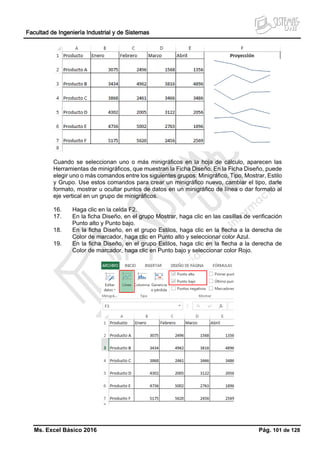 Facultad de Ingeniería Industrial y de Sistemas
Ms. Excel Básico 2016 Pág. 101 de 128
Cuando se seleccionan uno o más minigráficos en la hoja de cálculo, aparecen las
Herramientas de minigráficos, que muestran la Ficha Diseño. En la Ficha Diseño, puede
elegir uno o más comandos entre los siguientes grupos: Minigráfico, Tipo, Mostrar, Estilo
y Grupo. Use estos comandos para crear un minigráfico nuevo, cambiar el tipo, darle
formato, mostrar u ocultar puntos de datos en un minigráfico de línea o dar formato al
eje vertical en un grupo de minigráficos.
16. Haga clic en la celda F2.
17. En la ficha Diseño, en el grupo Mostrar, haga clic en las casillas de verificación
Punto alto y Punto bajo.
18. En la ficha Diseño, en el grupo Estilos, haga clic en la flecha a la derecha de
Color de marcador, haga clic en Punto alto y seleccionar color Azul.
19. En la ficha Diseño, en el grupo Estilos, haga clic en la flecha a la derecha de
Color de marcador, haga clic en Punto bajo y seleccionar color Rojo.
 