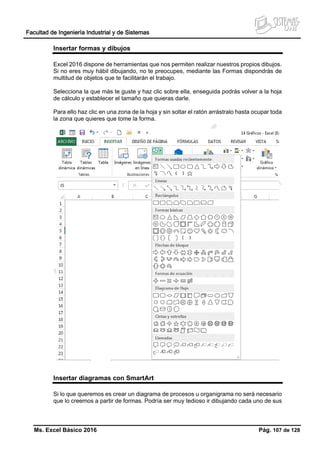 Facultad de Ingeniería Industrial y de Sistemas
Ms. Excel Básico 2016 Pág. 107 de 128
Insertar formas y dibujos
Excel 2016 dispone de herramientas que nos permiten realizar nuestros propios dibujos.
Si no eres muy hábil dibujando, no te preocupes, mediante las Formas dispondrás de
multitud de objetos que te facilitarán el trabajo.
Selecciona la que más te guste y haz clic sobre ella, enseguida podrás volver a la hoja
de cálculo y establecer el tamaño que quieras darle.
Para ello haz clic en una zona de la hoja y sin soltar el ratón arrástralo hasta ocupar toda
la zona que quieres que tome la forma.
Insertar diagramas con SmartArt
Si lo que queremos es crear un diagrama de procesos u organigrama no será necesario
que lo creemos a partir de formas. Podría ser muy tedioso ir dibujando cada uno de sus
 