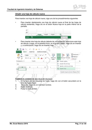 Facultad de Ingeniería Industrial y de Sistemas
Ms. Excel Básico 2016 Pág. 37 de 128
Añadir una hoja de cálculo nueva
Para insertar una hoja de cálculo nueva, siga uno de los procedimientos siguientes:
• Para insertar rápidamente una hoja de cálculo nueva al final de las hojas de
cálculo existentes, Haga clic en el botón Nueva hoja en la parte inferior de la
pantalla.
• Para insertar otra hoja de cálculo delante de una existente, seleccione esta hoja
de cálculo y luego, en la pestaña Inicio, en el grupo Celdas, haga clic en Insertar
y, a continuación, haga clic en Insertar hoja.
CAMBIAR EL NOMBRE DE UNA HOJA DE CÁLCULO
1. En la barra de las etiquetas de hojas, haga clic con el botón secundario en la
ficha de hojas Hoja4
2. Después, haga clic en Cambiar nombre.
3. Digite Sistemas
4. Pulsar la tecla [Enter]
 