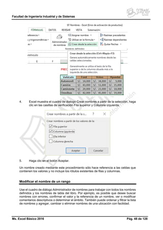 Facultad de Ingeniería Industrial y de Sistemas
Ms. Excel Básico 2016 Pág. 48 de 128
4. Excel muestra el cuadro de dialogo Crear nombres a partir de la selección, haga
clic en las casillas de verificación Fila superior y Columna izquierda.
5. Haga clic en el botón Aceptar.
Un nombre creado mediante este procedimiento sólo hace referencia a las celdas que
contienen los valores y no incluye los rótulos existentes de filas y columnas.
Modificar el nombre de un rango
Use el cuadro de diálogo Administrador de nombres para trabajar con todos los nombres
definidos y los nombres de tabla del libro. Por ejemplo, es posible que desee buscar
nombres con errores, confirmar el valor y la referencia de un nombre, ver o modificar
comentarios descriptivos o determinar el ámbito. También puede ordenar y filtrar la lista
de nombres y agregar, cambiar o eliminar nombres de una ubicación con facilidad.
 