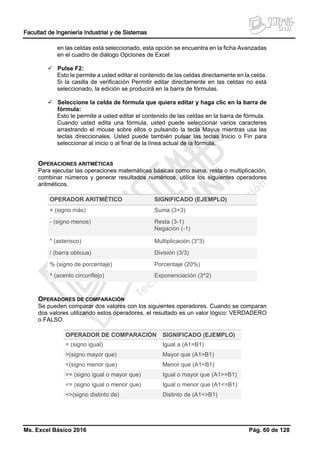 Facultad de Ingeniería Industrial y de Sistemas
Ms. Excel Básico 2016 Pág. 60 de 128
en las celdas está seleccionado, esta opción se encuentra en la ficha Avanzadas
en el cuadro de diálogo Opciones de Excel
 Pulse F2:
Esto le permite a usted editar el contenido de las celdas directamente en la celda.
Si la casilla de verificación Permitir editar directamente en las celdas no está
seleccionado, la edición se producirá en la barra de fórmulas.
 Seleccione la celda de fórmula que quiera editar y haga clic en la barra de
fórmula:
Esto le permite a usted editar el contenido de las celdas en la barra de fórmula.
Cuando usted edita una fórmula, usted puede seleccionar varios caracteres
arrastrando el mouse sobre ellos o pulsando la tecla Mayus mientras usa las
teclas direccionales. Usted puede también pulsar las teclas Inicio o Fin para
seleccionar al inicio o al final de la línea actual de la fórmula.
OPERACIONES ARITMÉTICAS
Para ejecutar las operaciones matemáticas básicas como suma, resta o multiplicación,
combinar números y generar resultados numéricos, utilice los siguientes operadores
aritméticos.
OPERADOR ARITMÉTICO SIGNIFICADO (EJEMPLO)
+ (signo más) Suma (3+3)
- (signo menos) Resta (3-1)
Negación (-1)
* (asterisco) Multiplicación (3*3)
/ (barra oblicua) División (3/3)
% (signo de porcentaje) Porcentaje (20%)
^ (acento circunflejo) Exponenciación (3^2)
OPERADORES DE COMPARACIÓN
Se pueden comparar dos valores con los siguientes operadores. Cuando se comparan
dos valores utilizando estos operadores, el resultado es un valor lógico: VERDADERO
o FALSO.
OPERADOR DE COMPARACIÓN SIGNIFICADO (EJEMPLO)
= (signo igual) Igual a (A1=B1)
>(signo mayor que) Mayor que (A1>B1)
<(signo menor que) Menor que (A1<B1)
>= (signo igual o mayor que) Igual o mayor que (A1>=B1)
<= (signo igual o menor que) Igual o menor que (A1<=B1)
<>(signo distinto de) Distinto de (A1<>B1)
 