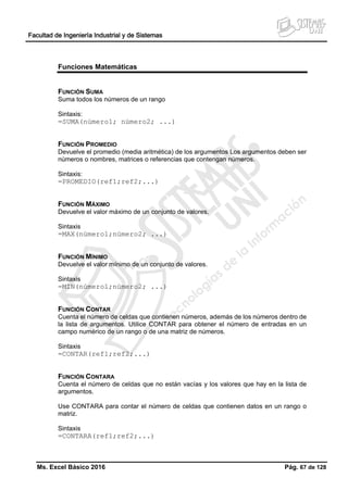 Facultad de Ingeniería Industrial y de Sistemas
Ms. Excel Básico 2016 Pág. 67 de 128
Funciones Matemáticas
FUNCIÓN SUMA
Suma todos los números de un rango
Sintaxis:
=SUMA(número1; número2; ...)
FUNCIÓN PROMEDIO
Devuelve el promedio (media aritmética) de los argumentos Los argumentos deben ser
números o nombres, matrices o referencias que contengan números.
Sintaxis:
=PROMEDIO(ref1;ref2;...)
FUNCIÓN MÁXIMO
Devuelve el valor máximo de un conjunto de valores.
Sintaxis
=MAX(número1;número2; ...)
FUNCIÓN MÍNIMO
Devuelve el valor mínimo de un conjunto de valores.
Sintaxis
=MIN(número1;número2; ...)
FUNCIÓN CONTAR
Cuenta el número de celdas que contienen números, además de los números dentro de
la lista de argumentos. Utilice CONTAR para obtener el número de entradas en un
campo numérico de un rango o de una matriz de números.
Sintaxis
=CONTAR(ref1;ref2;...)
FUNCIÓN CONTARA
Cuenta el número de celdas que no están vacías y los valores que hay en la lista de
argumentos.
Use CONTARA para contar el número de celdas que contienen datos en un rango o
matriz.
Sintaxis
=CONTARA(ref1;ref2;...)
 