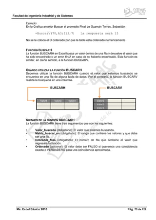 Facultad de Ingeniería Industrial y de Sistemas
Ms. Excel Básico 2016 Pág. 75 de 128
Ejemplo:
En la Grafica anterior Buscar el promedio Final de Guzmán Torres, Sebastián
=BuscarV(70,A3:I13,7) La respuesta será 13
No se le coloca el O ordenado por que la tabla esta ordenada numéricamente
FUNCIÓN BUSCARH
La función BUSCARH en Excel busca un valor dentro de una fila y devuelve el valor que
ha sido encontrado o un error #N/A en caso de no haberlo encontrado. Esta función es
similar, en cierto sentido, a la función BUSCARV.
CUANDO UTILIZAR LA FUNCIÓN BUSCARH
Debemos utilizar la función BUSCARH cuando el valor que estamos buscando se
encuentra en una fila de alguna tabla de datos. Por el contrario, la función BUSCARV
realiza la búsqueda en una columna.
SINTAXIS DE LA FUNCIÓN BUSCARH
La función BUSCARH tiene tres argumentos que son los siguientes:
• Valor_buscado (obligatorio): El valor que estamos buscando.
• Matriz_buscar_en (obligatorio): El rango que contiene los valores y que debe
ser una fila.
• Indicador_filas (obligatorio): El número de fila que contiene el valor que
regresará la función.
• Ordenado (opcional): El valor debe ser FALSO si queremos una coincidencia
exacta o VERDADERO para una coincidencia aproximada.
 