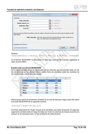 Facultad de Ingeniería Industrial y de Sistemas
Ms. Excel Básico 2016 Pág. 76 de 128
Sintaxis
=BuscarH(Valor a Buscar, Tabla o Matriz, # de Fila, Ordenado)
Si la función BUSCARH no encuentra el valor que está siendo buscado regresará el
valor de error #N/A.
EJEMPLO DE LA FUNCIÓN BUSCARH
En la siguiente tabla tengo la información de los artículos que ha vendido cada uno de
los vendedores en los últimos meses. Como título de columnas están los nombres de
los vendedores y como filas los meses.
Ahora quiero saber los productos vendidos en el mes de Abril por Hugo y para ello utilizo
la función BUSCARH de la siguiente manera:
=Buscarh(“Hugo”,B1:D6,5,0)
El primer argumento es “Hugo” porque es el vendedor que estoy buscando. El segundo
argumento contiene todo el rango de datos sin incluir la columna de meses (columna A)
porque no es necesario pero no hay problema de seleccionarlo
 