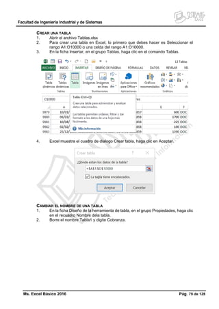 Facultad de Ingeniería Industrial y de Sistemas
Ms. Excel Básico 2016 Pág. 79 de 128
CREAR UNA TABLA
1. Abrir el archivo Tablas.xlsx
2. Para crear una tabla en Excel, lo primero que debes hacer es Seleccionar el
rango A1:O10000 o una celda del rango A1:O10000.
3. En la ficha Insertar, en el grupo Tablas, haga clic en el comando Tablas.
4. Excel muestra el cuadro de dialogo Crear tabla, haga clic en Aceptar.
CAMBIAR EL NOMBRE DE UNA TABLA
1. En la ficha Diseño de la herramienta de tabla, en el grupo Propiedades, haga clic
en el recuadro Nombre dela tabla.
2. Borre el nombre Tabla1 y digite Cobranza.
 
