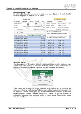 Facultad de Ingeniería Industrial y de Sistemas
Ms. Excel Básico 2016 Pág. 81 de 128
AÑADIR UNA FILA TOTAL
En la ficha Diseño de la herramienta de tabla, en el grupo Opciones de estilo de tabla
dinámica, haga clic en la casilla Fila de totales.
ORDENAR DATOS
Cuando disponemos de muchos datos, lo más habitual es ordenarlos siguiendo algún
criterio. Esta ordenación se puede hacer de forma simple, es decir, ordenar por una
columna u ordenar por diferentes columnas a la vez, siguiendo una jerarquía.
Para hacer una ordenación simple debemos posicionarnos en la columna que
queramos ordenar y, desde la pestaña Datos, usar los botones ordenar botones ordenar
de la sección Ordenar y filtrar, para que la ordenación sea ascendente o descendente
respectivamente. También podemos pulsar sobre Ordenar... y escoger el criterio de
ordenación, aunque en este caso esta opción es menos rápida. Esto ordenará todo el
conjunto de la fila.
 