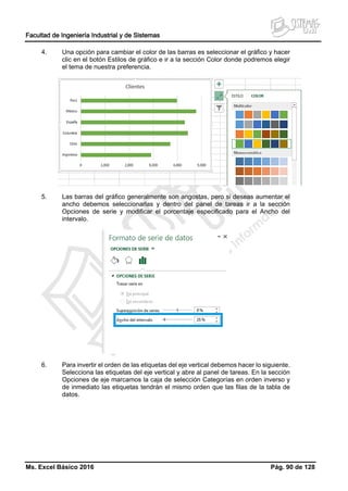Facultad de Ingeniería Industrial y de Sistemas
Ms. Excel Básico 2016 Pág. 90 de 128
4. Una opción para cambiar el color de las barras es seleccionar el gráfico y hacer
clic en el botón Estilos de gráfico e ir a la sección Color donde podremos elegir
el tema de nuestra preferencia.
5. Las barras del gráfico generalmente son angostas, pero si deseas aumentar el
ancho debemos seleccionarlas y dentro del panel de tareas ir a la sección
Opciones de serie y modificar el porcentaje especificado para el Ancho del
intervalo.
6. Para invertir el orden de las etiquetas del eje vertical debemos hacer lo siguiente.
Selecciona las etiquetas del eje vertical y abre al panel de tareas. En la sección
Opciones de eje marcamos la caja de selección Categorías en orden inverso y
de inmediato las etiquetas tendrán el mismo orden que las filas de la tabla de
datos.
 