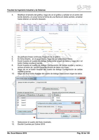 Facultad de Ingeniería Industrial y de Sistemas
Ms. Excel Básico 2016 Pág. 92 de 128
4. Modificar el tamaño del gráfico, haga clic en el gráfico y señalar en el centro del
borde derecho, el cursor toma la forma de una flecha en doble sentido, arrastrar
hasta obtener un tamaño deseado.
5. Se graficara líneas continuas, Haga clic en el gráfico.
6. En ficha Diseño, en el grupo Datos, haga clic en seleccionar Datos.
7. Excel muestra el cuadro de dialogo Seleccionar origen de datos y haga clic n el
botón Celdas ocultas y vacías.
8. Excel muestra el cuadro de dialogo Configuración de celdas ocultas y vacías y
activar el botón de opción Conectar puntos de datos con línea.
9. Haga clic en el botón Aceptar del cuadro de dialogo Configuración de celdas
ocultas y vacías.
10. Haga clic en el botón Aceptar del cuadro de dialogo Seleccionar origen de datos.
11. Seleccionar el cuadro del título mostrado.
12. Escribir Cuentas por Cobrar 2016
 