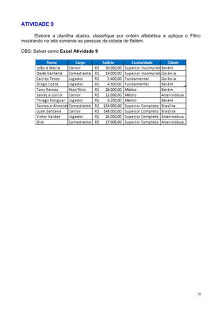 18
ATIVIDADE 9
Elabore a planilha abaixo, classifique por ordem alfabética e aplique o Filtro
mostrando na tela somente as pessoas da cidade de Belém.
OBS: Salvar como Excel Atividade 9
 