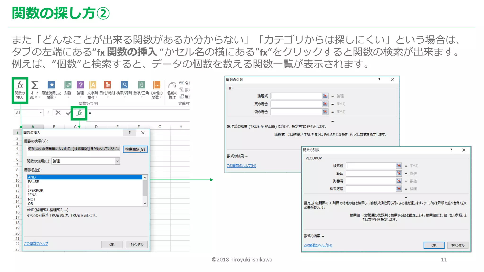 ©2018 hiroyuki ishikawa 11
関数の探し方②
また「どんなことが出来る関数があるか分からない」「カテゴリからは探しにくい」という場合は、
タブの左端にある“fx 関数の挿入 “かセル名の横にある”fx”をクリックすると関数の検索が出来ます。
例えば、“個数”と検索すると、データの個数を数える関数一覧が表示されます。
 