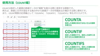 ?2018 hiroyuki ishikawa 17
ʹ÷COUNT
COUNTָǩ`ΡHʹävǤ
С֤ڤФǩ`΂뤫ӋH˱Ǥ
ޤCOUNTvΏþȤơCOUNTACOUNTIFCOUNTIFSȤ⥪Ǥ
B2E15ޤǹڤ
äƤ륻΂
루COUNT

COUNTA
ָοհפǤϤʤ΂

COUNTIF
ָΤָ˺
¤륻΂
COUNTIFS
ָΤָ}
˺¤륻΂
 