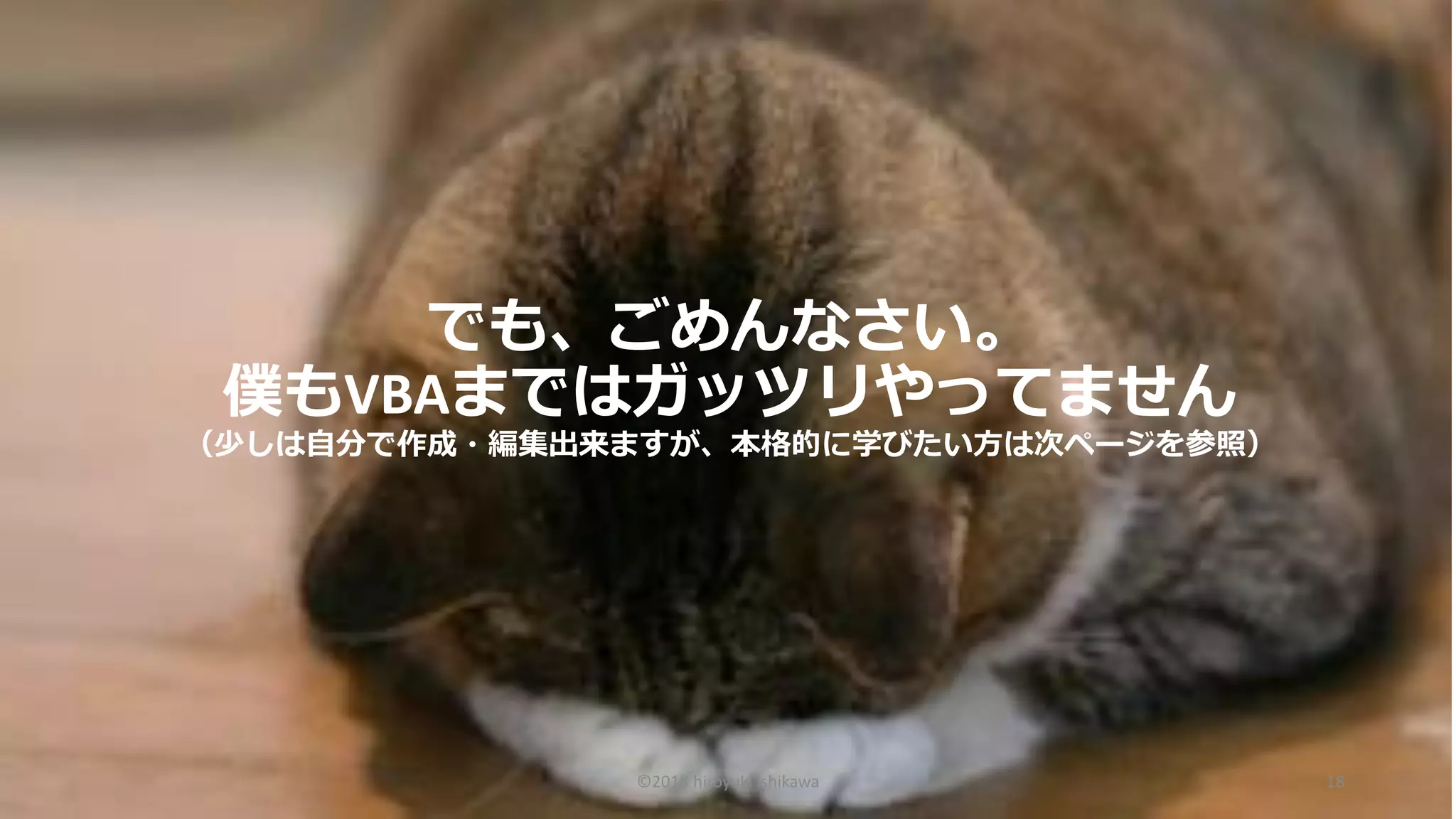 ©2018 hiroyuki ishikawa 18
でも、ごめんなさい。
僕もVBAまではガッツリやってません
（少しは自分で作成・編集出来ますが、本格的に学びたい方は次ページを参照）
 