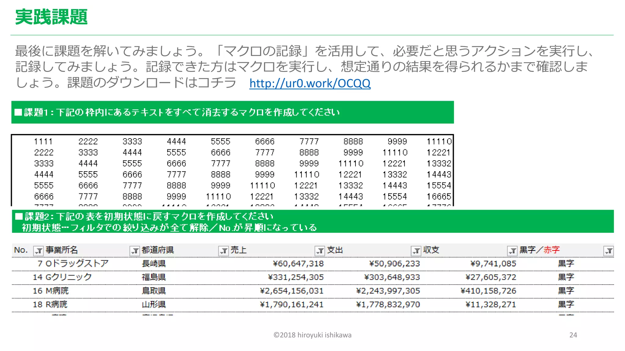 ©2018 hiroyuki ishikawa 24
実践課題
最後に課題を解いてみましょう。「マクロの記録」を活用して、必要だと思うアクションを実行し、
記録してみましょう。記録できた方はマクロを実行し、想定通りの結果を得られるかまで確認しま
しょう。課題のダウンロードはコチラ http://ur0.work/OCQQ
 