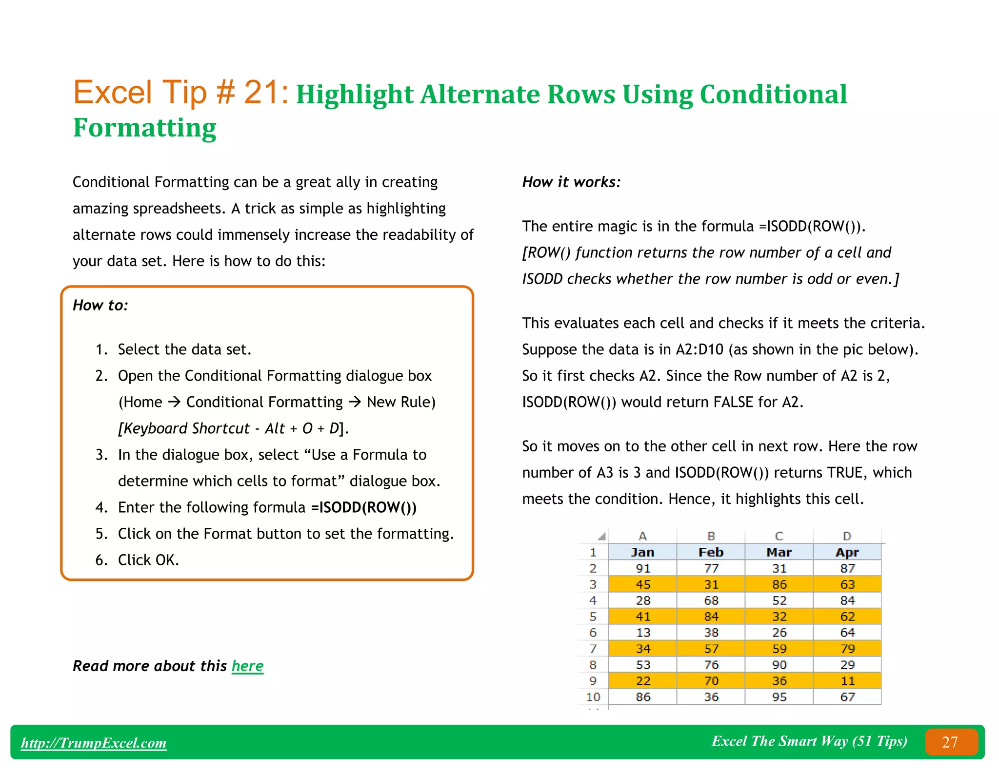 Excel The Smart Way (51 Tips) 27
http://TrumpExcel.com
Excel Tip # 21: Highlight Alternate Rows Using Conditional
Formatting
Conditional Formatting can be a great ally in creating
amazing spreadsheets. A trick as simple as highlighting
alternate rows could immensely increase the readability of
your data set. Here is how to do this:
How to:
1. Select the data set.
2. Open the Conditional Formatting dialogue box
(Home  Conditional Formatting  New Rule)
[Keyboard Shortcut - Alt + O + D].
3. In the dialogue box, select “Use a Formula to
determine which cells to format” dialogue box.
4. Enter the following formula =ISODD(ROW())
5. Click on the Format button to set the formatting.
6. Click OK.
How it works:
The entire magic is in the formula =ISODD(ROW()).
[ROW() function returns the row number of a cell and
ISODD checks whether the row number is odd or even.]
This evaluates each cell and checks if it meets the criteria.
Suppose the data is in A2:D10 (as shown in the pic below).
So it first checks A2. Since the Row number of A2 is 2,
ISODD(ROW()) would return FALSE for A2.
So it moves on to the other cell in next row. Here the row
number of A3 is 3 and ISODD(ROW()) returns TRUE, which
meets the condition. Hence, it highlights this cell.
Read more about this here
 