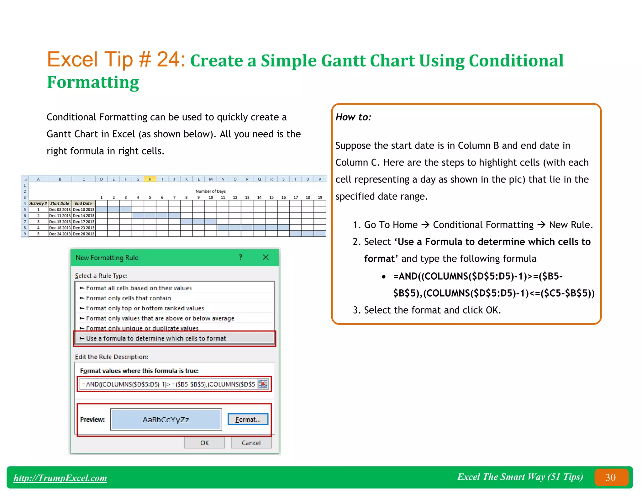 Excel The Smart Way (51 Tips) 30
http://TrumpExcel.com
Excel Tip # 24: Create a Simple Gantt Chart Using Conditional
Formatting
Conditional Formatting can be used to quickly create a
Gantt Chart in Excel (as shown below). All you need is the
right formula in right cells.
How to:
Suppose the start date is in Column B and end date in
Column C. Here are the steps to highlight cells (with each
cell representing a day as shown in the pic) that lie in the
specified date range.
1. Go To Home  Conditional Formatting  New Rule.
2. Select ‘Use a Formula to determine which cells to
format’ and type the following formula
 =AND((COLUMNS($D$5:D5)-1)>=($B5-
$B$5),(COLUMNS($D$5:D5)-1)<=($C5-$B$5))
3. Select the format and click OK.
 