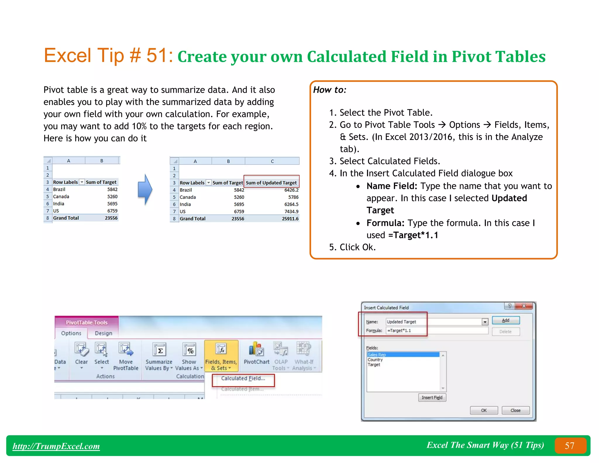 Excel The Smart Way (51 Tips) 57
http://TrumpExcel.com
Excel Tip # 51: Create your own Calculated Field in Pivot Tables
Pivot table is a great way to summarize data. And it also
enables you to play with the summarized data by adding
your own field with your own calculation. For example,
you may want to add 10% to the targets for each region.
Here is how you can do it
How to:
1. Select the Pivot Table.
2. Go to Pivot Table Tools  Options  Fields, Items,
& Sets. (In Excel 2013/2016, this is in the Analyze
tab).
3. Select Calculated Fields.
4. In the Insert Calculated Field dialogue box
 Name Field: Type the name that you want to
appear. In this case I selected Updated
Target
 Formula: Type the formula. In this case I
used =Target*1.1
5. Click Ok.
 
