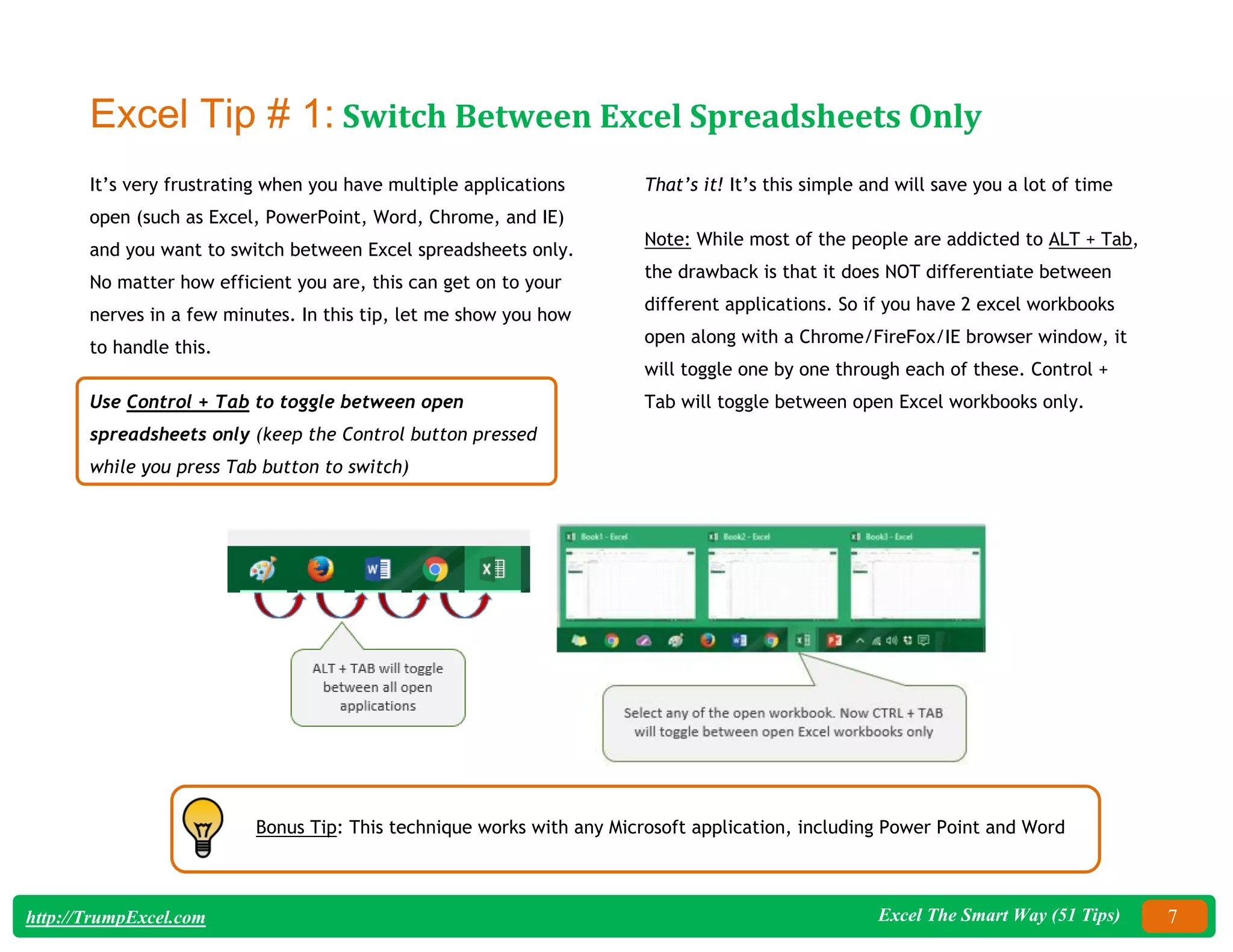 Excel The Smart Way (51 Tips) 7
http://TrumpExcel.com
Excel Tip # 1: Switch Between Excel Spreadsheets Only
It’s very frustrating when you have multiple applications
open (such as Excel, PowerPoint, Word, Chrome, and IE)
and you want to switch between Excel spreadsheets only.
No matter how efficient you are, this can get on to your
nerves in a few minutes. In this tip, let me show you how
to handle this.
Use Control + Tab to toggle between open
spreadsheets only (keep the Control button pressed
while you press Tab button to switch)
That’s it! It’s this simple and will save you a lot of time
Note: While most of the people are addicted to ALT + Tab,
the drawback is that it does NOT differentiate between
different applications. So if you have 2 excel workbooks
open along with a Chrome/FireFox/IE browser window, it
will toggle one by one through each of these. Control +
Tab will toggle between open Excel workbooks only.
Bonus Tip: This technique works with any Microsoft application, including Power Point and Word
 