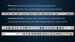 • Menu bar Contains those Excel operations gathered in
dropdown menus. You can do all operations from these menus
• Standard tool bar Contains icons to perform in an immediate way
some of the operations that are most frequent like save ,copy ,cut etc.
 
