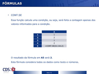 FÓRMULAS


  • CONT.SE

    Essa função calcula uma condição, ou seja, será feita a contagem apenas dos
    valores informados para a condição.


                        C                     A
                            1                 1
                            2                 2
                            3                 1
                            4                 2
                            5     =CONT.SE(A1:A4;2)




    O resultado da fórmula em A5 será 2.

    Esta fórmula considera todos os dados como texto e números.



                                   Slide 19
 