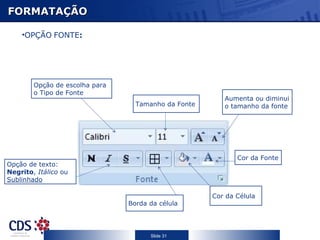 FORMATAÇÃO

    •OPÇÃO FONTE:




        Opção de escolha para
        o Tipo de Fonte
                                                        Aumenta ou diminui
                                  Tamanho da Fonte      o tamanho da fonte




                                                            Cor da Fonte
Opção de texto:
Negrito, Itálico ou
Sublinhado

                                                     Cor da Célula
                                Borda da célula




                                      Slide 31
 