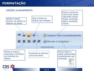 FORMATAÇÃO

  •OPÇÃO ALINHAMENTO:
                                                      Exibe o texto em
                                                      uma única célula
                                                      utilizando várias
   Alinha o texto          Gira o texto no            linhas, tornando
   acima, no centro ou     ângulo que desejar.        todo o conteúdo
   abaixo na célula                                   visível.




 Alinha o texto à                                 Torna maior a
 esquerda, centraliza    Aumenta ou diminui       célula selecionada
 ou à direita na         recuo do texto.          centralizando seu
 célula.                                          conteúdo.




                                       Slide 32
 
