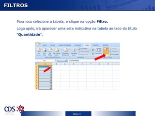 FILTROS


   Para isso selecione a tabela, e clique na opção Filtro.

   Logo após, irá aparecer uma seta indicativa na tabela ao lado do título
   “Quantidade”.




                                    Slide 41
 