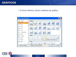GRÁFICOS


           • O Excel oferece vários modelos de gráfico




                             Slide 54
 
