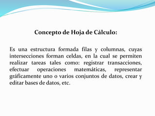 Concepto de Hoja de Cálculo:
Es una estructura formada filas y columnas, cuyas
intersecciones forman celdas, en la cual se permiten
realizar tareas tales como: registrar transacciones,
efectuar operaciones matemáticas, representar
gráficamente uno o varios conjuntos de datos, crear y
editar bases de datos, etc.
 