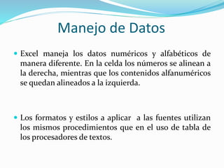 Manejo de Datos
 Excel maneja los datos numéricos y alfabéticos de
manera diferente. En la celda los números se alinean a
la derecha, mientras que los contenidos alfanuméricos
se quedan alineados a la izquierda.
 Los formatos y estilos a aplicar a las fuentes utilizan
los mismos procedimientos que en el uso de tabla de
los procesadores de textos.
 