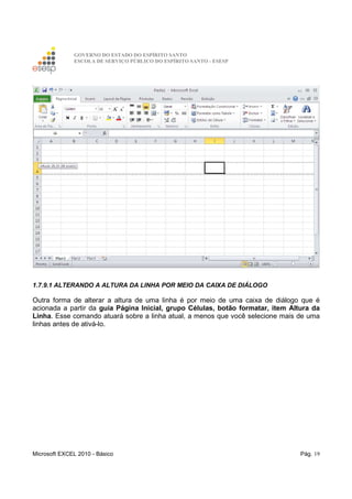 GOVERNO DO ESTADO DO ESPÍRITO SANTO
ESCOLA DE SERVIÇO PÚBLICO DO ESPÍRITO SANTO - ESESP
Microsoft EXCEL 2010 - Básico Pág. 19
1.7.9.1 ALTERANDO A ALTURA DA LINHA POR MEIO DA CAIXA DE DIÁLOGO
Outra forma de alterar a altura de uma linha é por meio de uma caixa de diálogo que é
acionada a partir da guia Página Inicial, grupo Células, botão formatar, item Altura da
Linha. Esse comando atuará sobre a linha atual, a menos que você selecione mais de uma
linhas antes de ativá-lo.
 