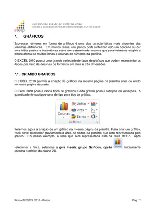 GOVERNO DO ESTADO DO ESPÍRITO SANTO
ESCOLA DE SERVIÇO PÚBLICO DO ESPÍRITO SANTO - ESESP
Microsoft EXCEL 2010 - Básico Pág. 72
7. GRÁFICOS
Expressar números em forma de gráficos é uma das características mais atraentes das
planilhas eletrônicas. Em muitos casos, um gráfico pode sintetizar todo um conceito ou dar
uma idéia precisa e instantânea sobre um determinado assunto que possivelmente exigiria a
leitura atenta de muitas linhas e colunas de números da planilha.
O EXCEL 2010 possui uma grande variedade de tipos de gráficos que podem representar os
dados por meio de dezenas de formatos em duas e três dimensões.
7.1. CRIANDO GRAFICOS
O EXCEL 2010 permite a criação de gráficos na mesma página da planilha atual ou então
em outra página da pasta.
O Excel 2010 possui vários tipos de gráficos. Cada gráfico possui subtipos ou variações. A
quantidade de subtipos vária de tipo para tipo de gráfico.
Veremos agora a criação de um gráfico na mesma página da planilha. Para criar um gráfico,
você deve selecionar previamente a área de dados da planilha que será representada pelo
gráfico. Em nosso exemplo, a série que será representada está na faixa B3:E7. Após
selecionar a faixa, selecione a guia Inserir, grupo Gráficos, opção . Inicialmente
escolha o gráfico da coluna 2D.
 